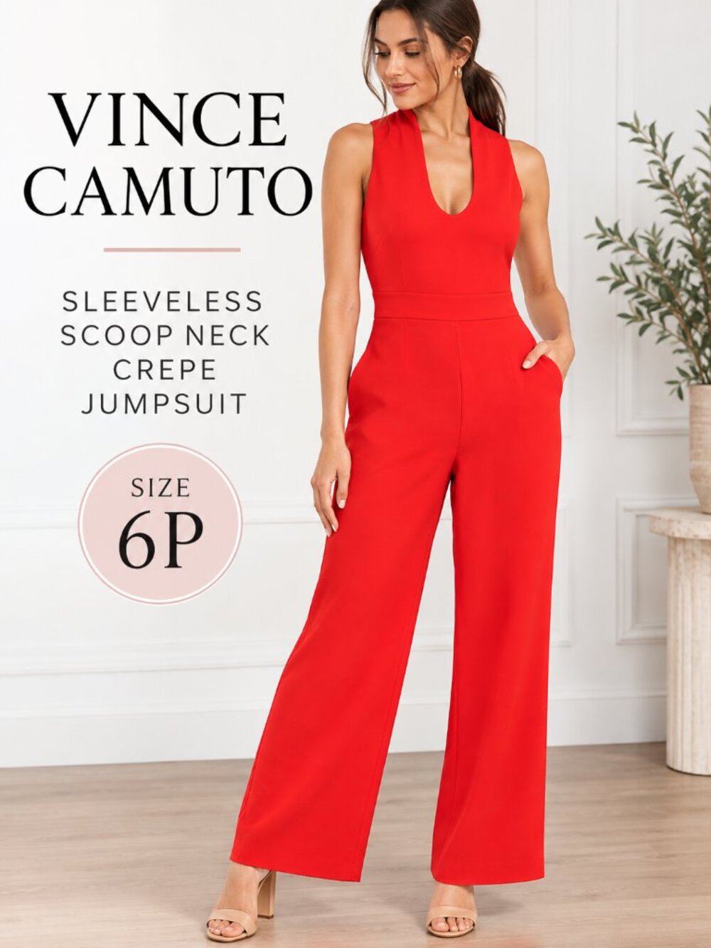 Vince Camuto Women’s Sleeveless Scoop Neck Crepe Jumpsuit (Red)